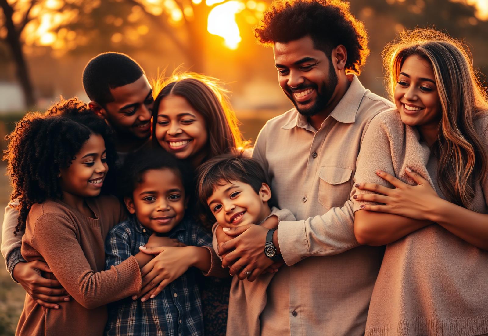 A joyful multi-generational family embracing at sunset